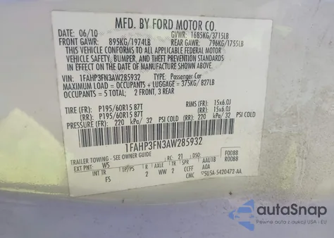 2010 Ford Focus Se from USA, damaged, VIN 1FAHP3FN3AW285932